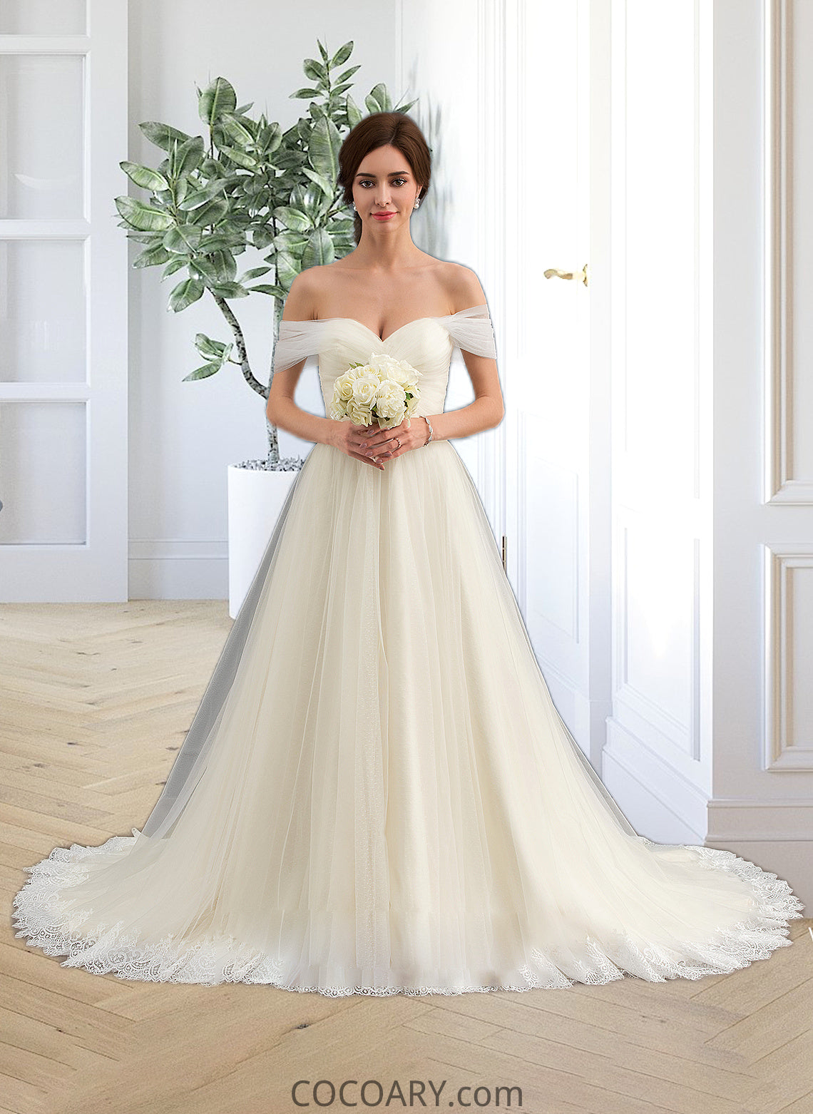 Adalynn Ball-Gown/Princess Off-the-Shoulder Court Train Tulle Lace Wedding Dress With Ruffle DA8P0013692