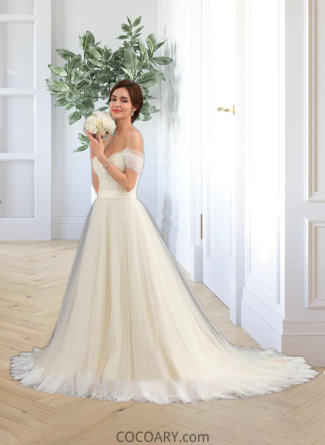 Adalynn Ball-Gown/Princess Off-the-Shoulder Court Train Tulle Lace Wedding Dress With Ruffle DA8P0013692