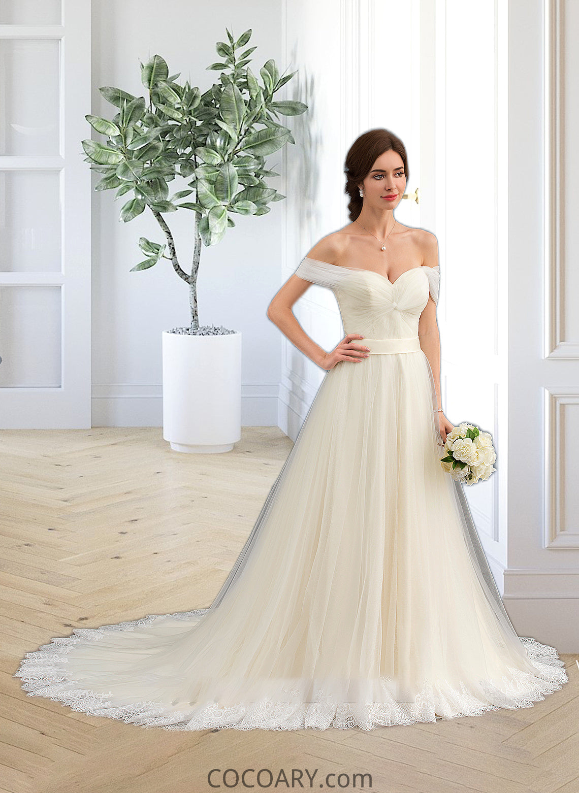 Adalynn Ball-Gown/Princess Off-the-Shoulder Court Train Tulle Lace Wedding Dress With Ruffle DA8P0013692