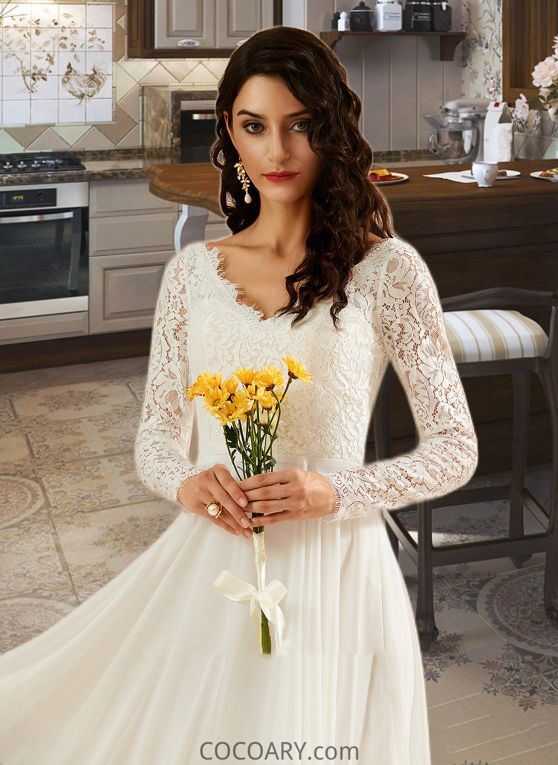 Gertrude A-Line V-neck Sweep Train Wedding Dress With Lace DA8P0013696