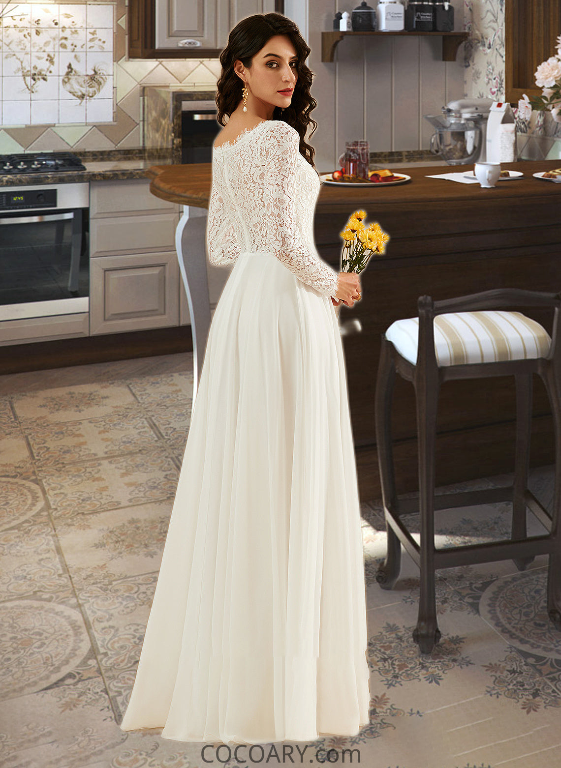 Gertrude A-Line V-neck Sweep Train Wedding Dress With Lace DA8P0013696