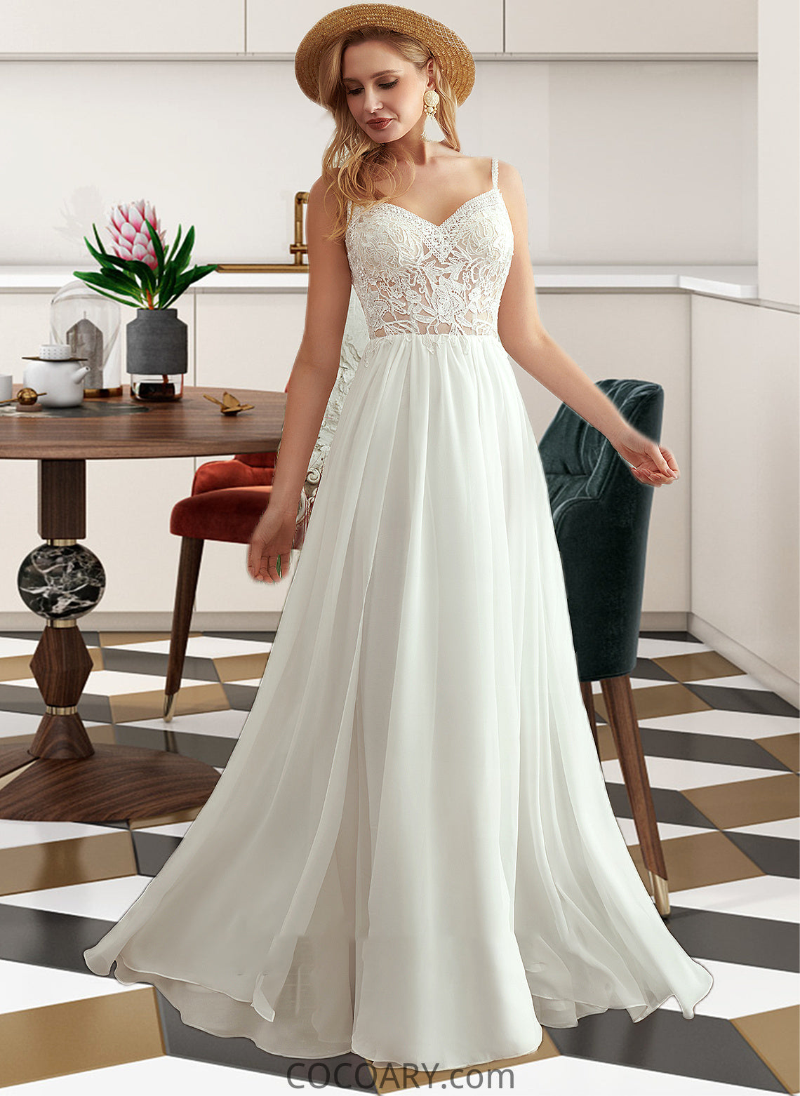 Madyson A-Line V-neck Floor-Length Wedding Dress With Beading Split Front DA8P0013697