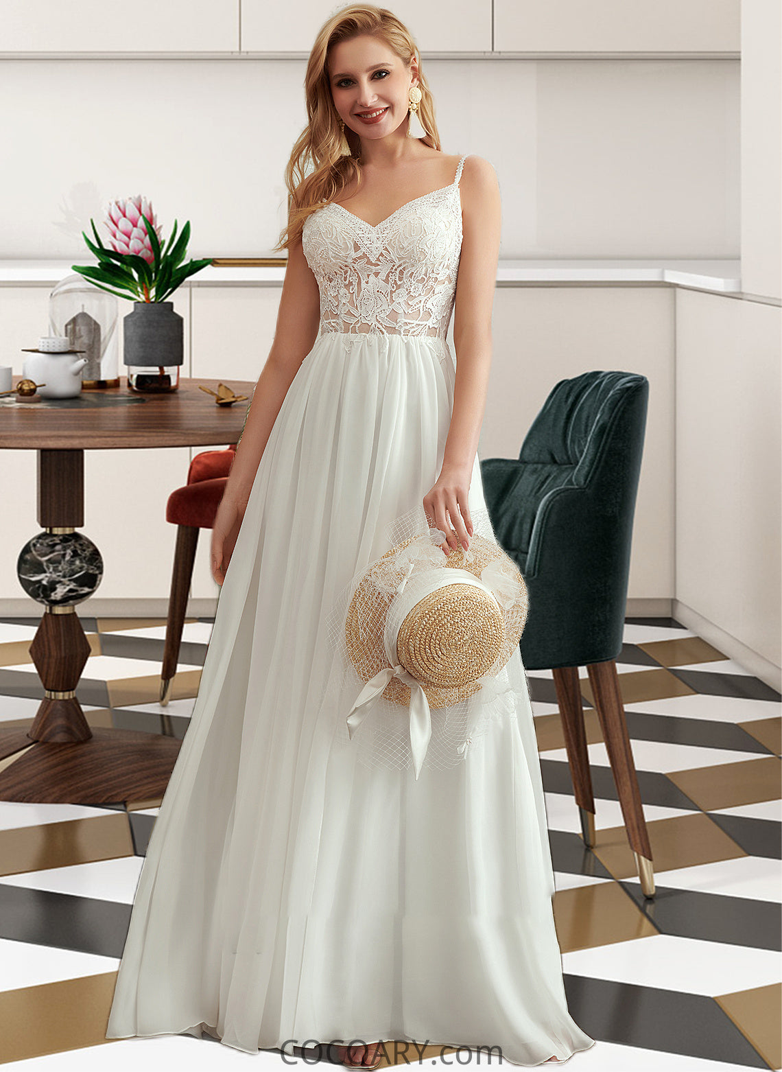 Madyson A-Line V-neck Floor-Length Wedding Dress With Beading Split Front DA8P0013697