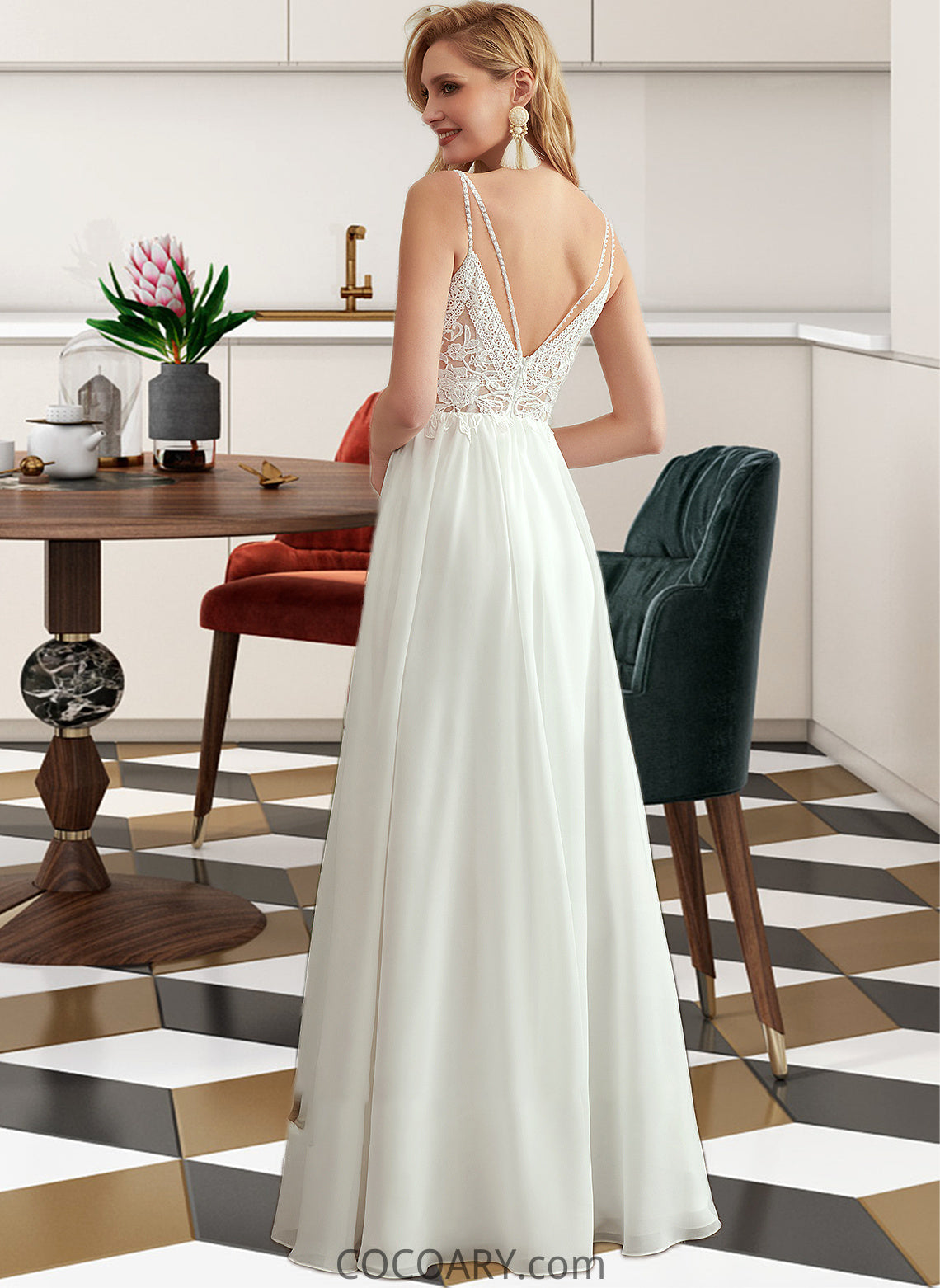 Madyson A-Line V-neck Floor-Length Wedding Dress With Beading Split Front DA8P0013697