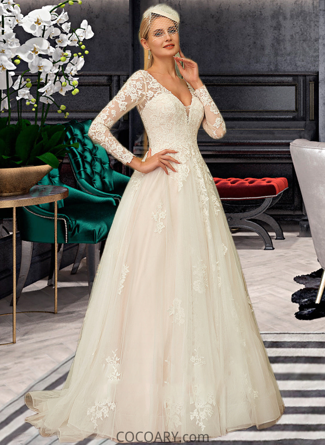 Aria Ball-Gown/Princess V-neck Sweep Train Tulle Lace Wedding Dress DA8P0013698