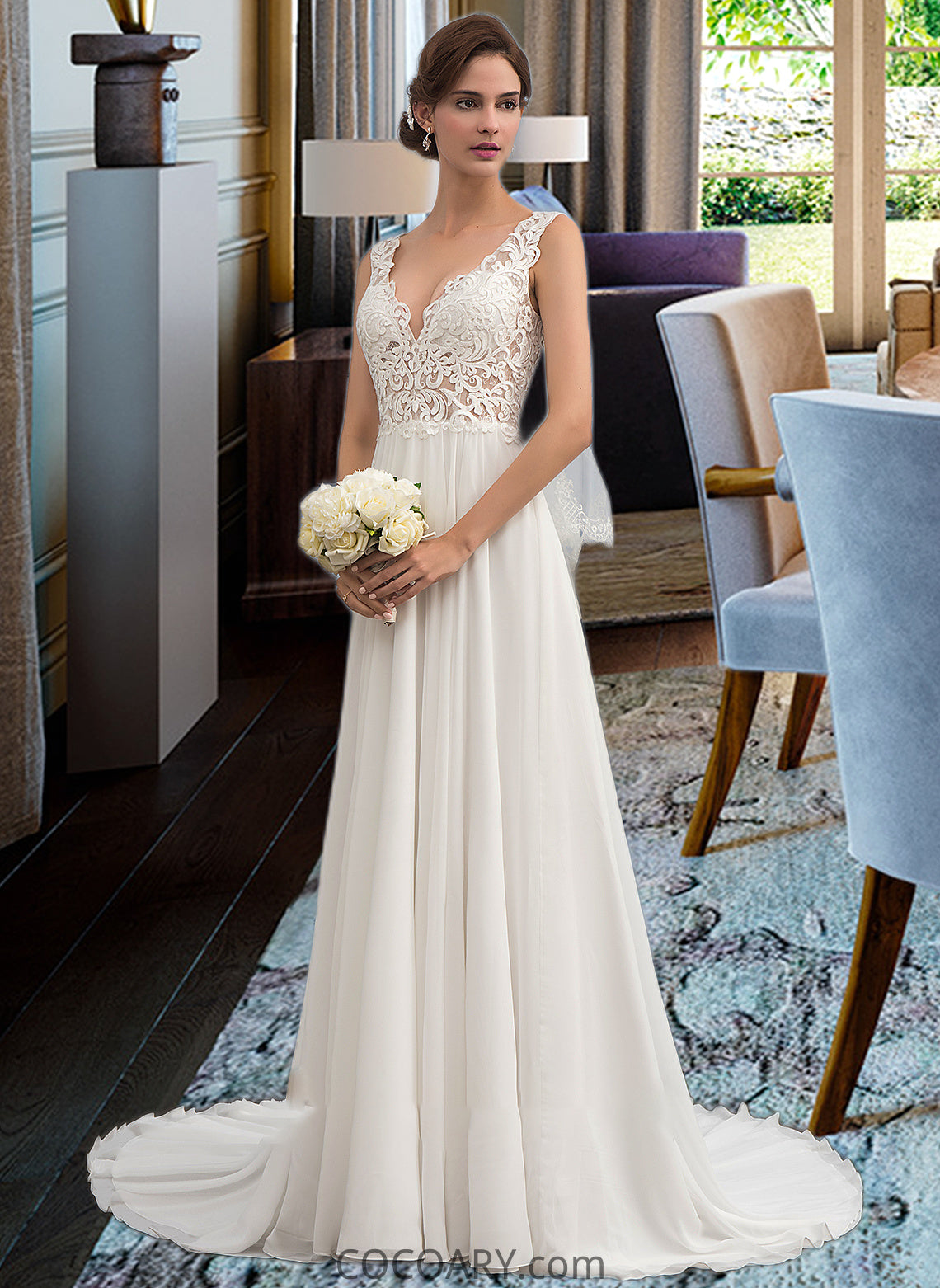 Cristal A-Line V-neck Court Train Chiffon Wedding Dress DA8P0013701