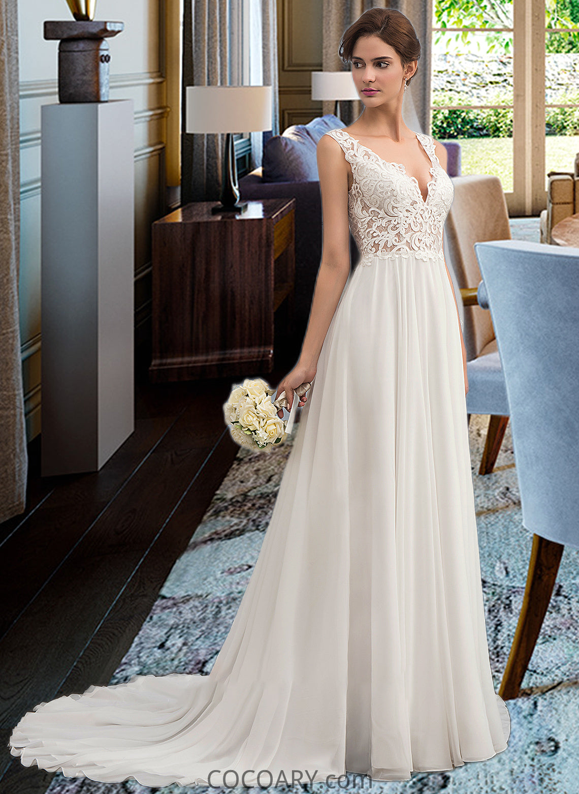 Cristal A-Line V-neck Court Train Chiffon Wedding Dress DA8P0013701