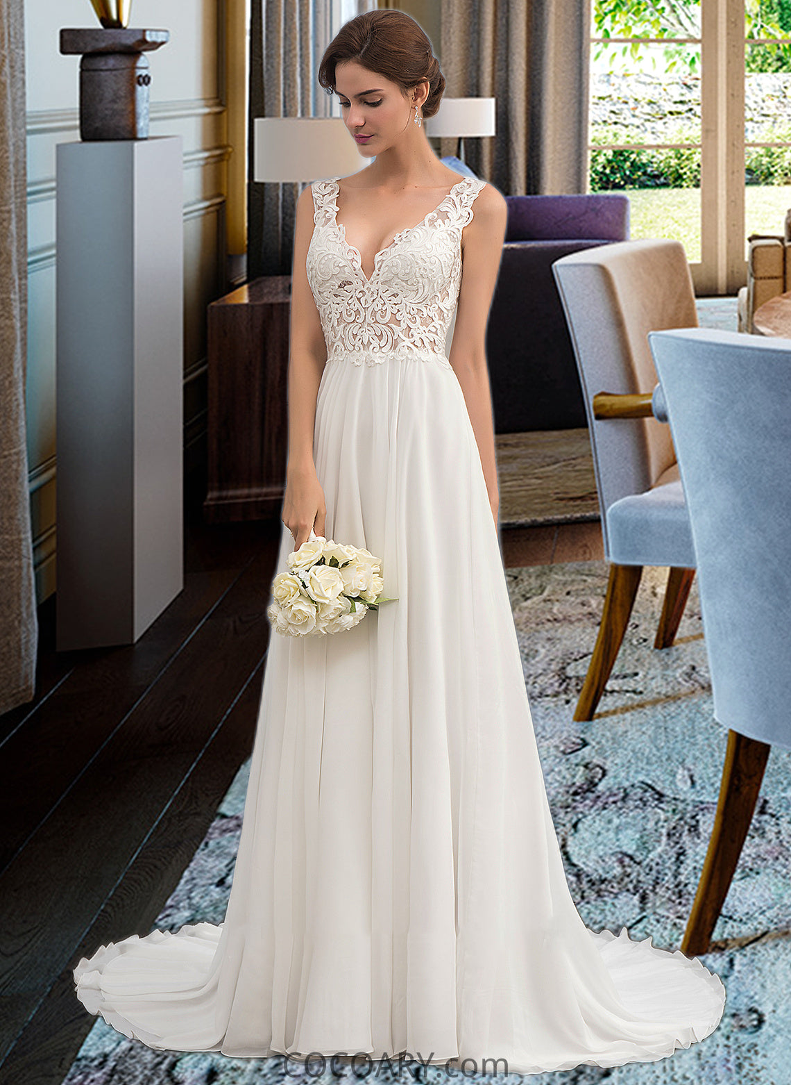 Cristal A-Line V-neck Court Train Chiffon Wedding Dress DA8P0013701