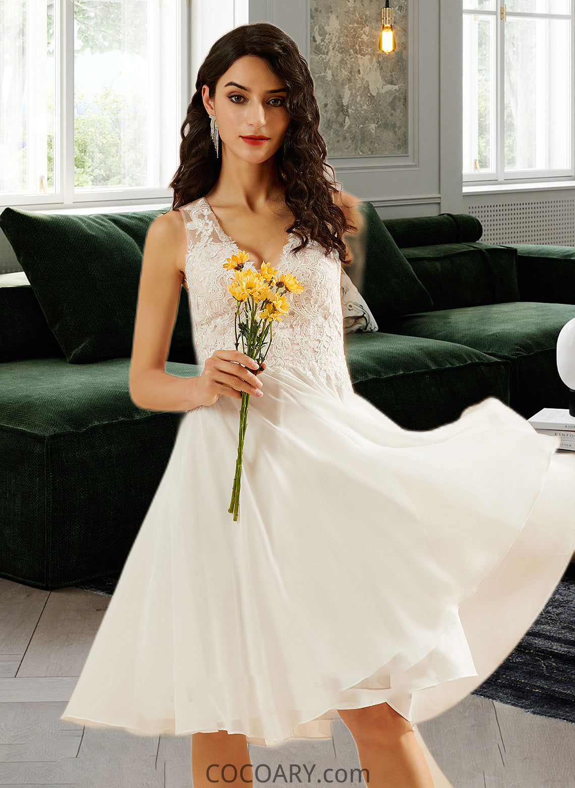 Lillie A-Line V-neck Knee-Length Wedding Dress With Lace Sequins DA8P0013703