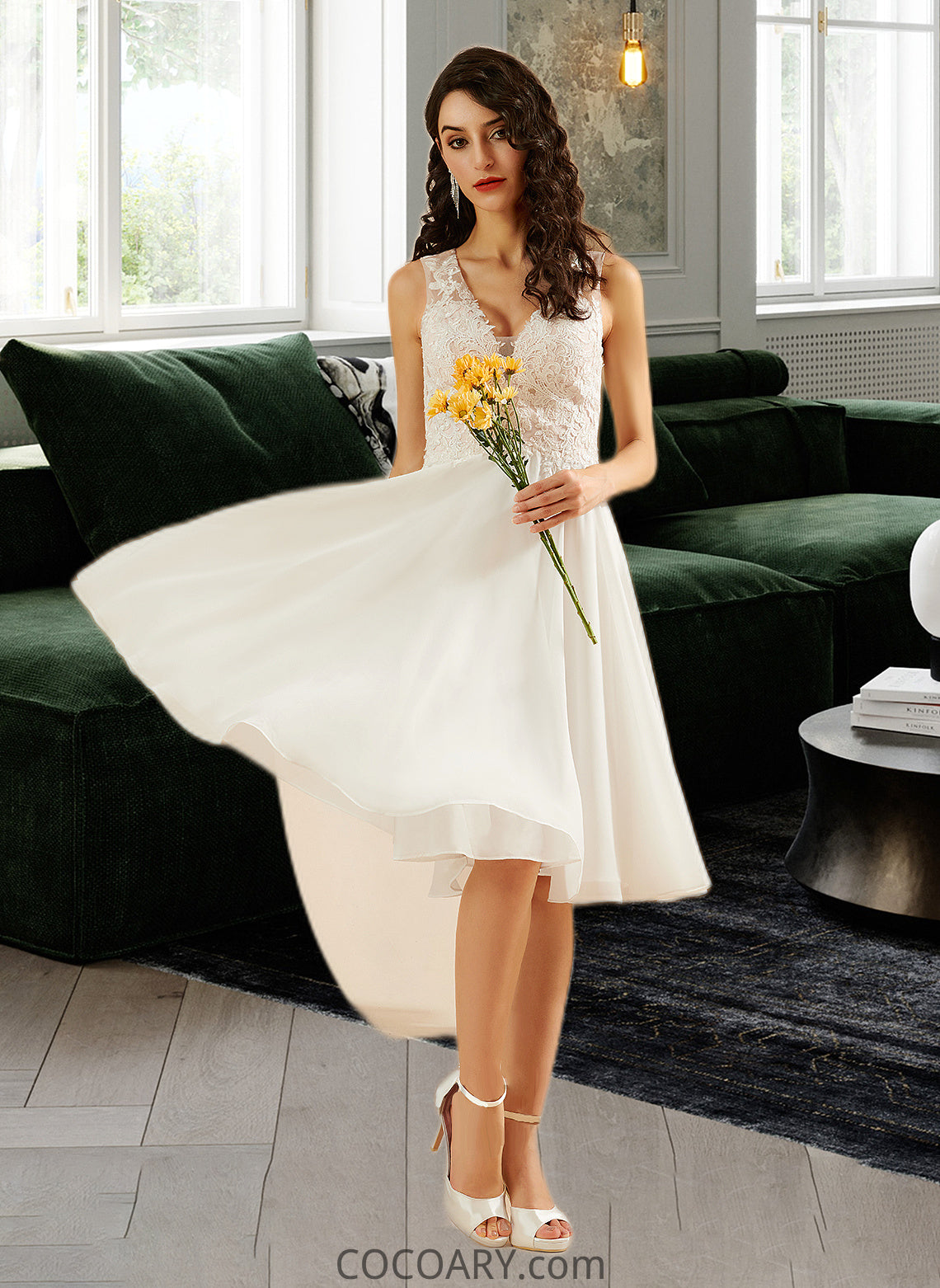 Lillie A-Line V-neck Knee-Length Wedding Dress With Lace Sequins DA8P0013703