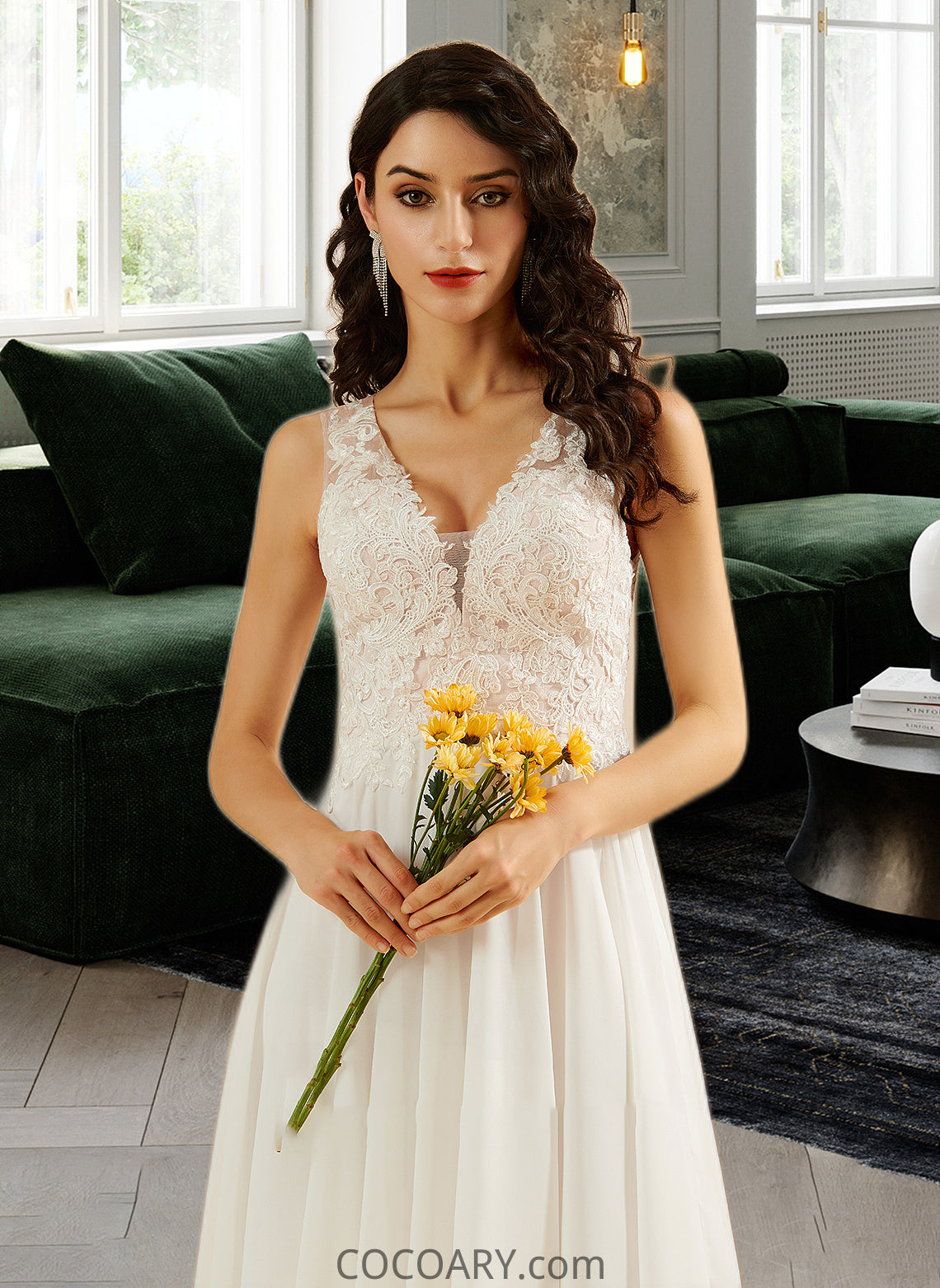 Lillie A-Line V-neck Knee-Length Wedding Dress With Lace Sequins DA8P0013703