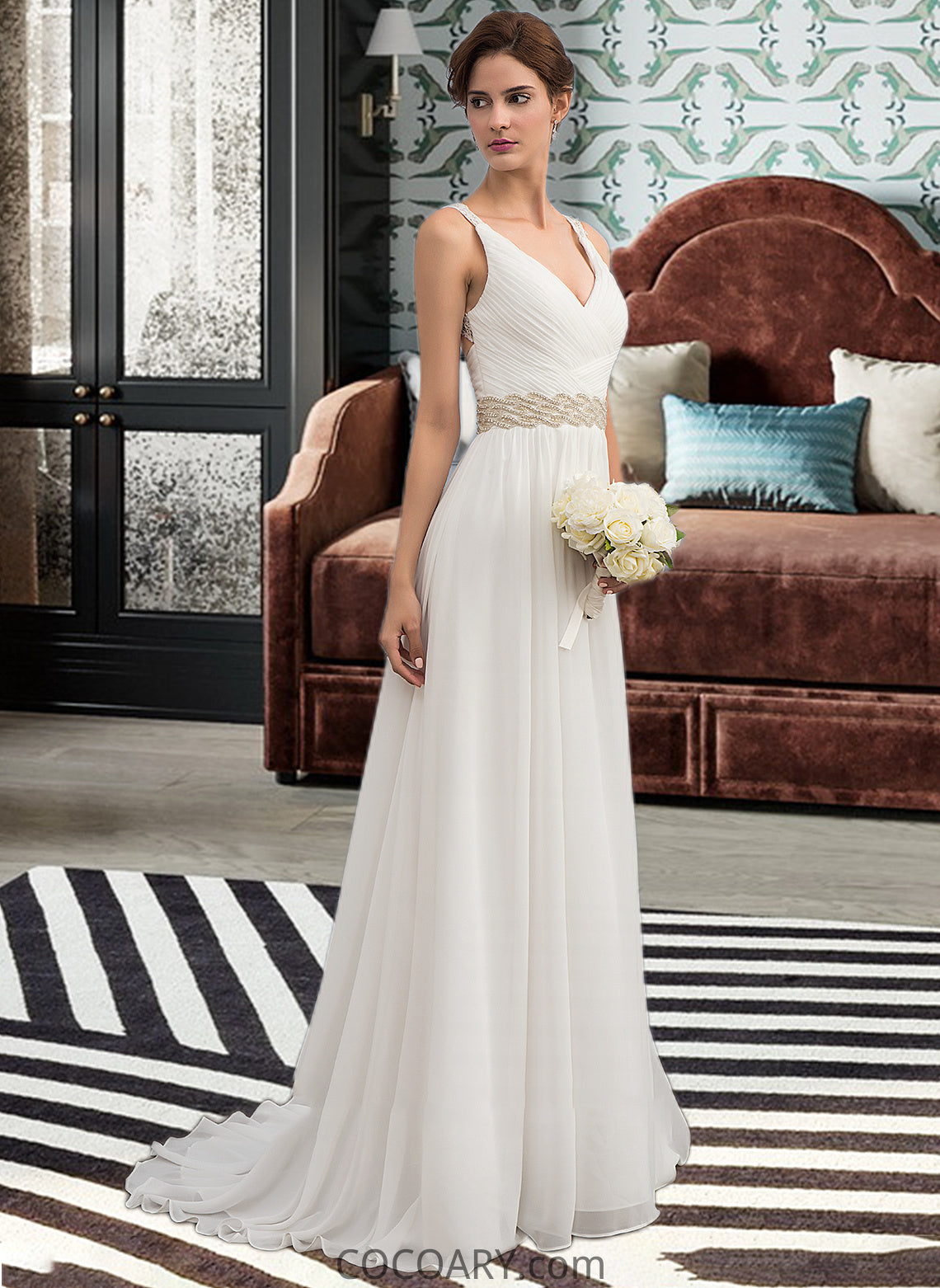 Mimi A-Line V-neck Sweep Train Chiffon Wedding Dress With Ruffle Lace Beading Sequins DA8P0013705