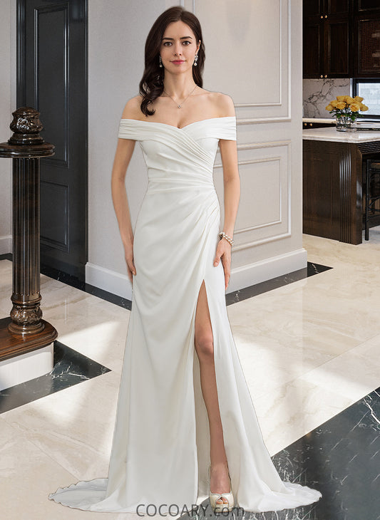 Mckinley Sheath/Column Off-the-Shoulder Sweep Train Stretch Crepe Wedding Dress With Ruffle Split Front DA8P0013707