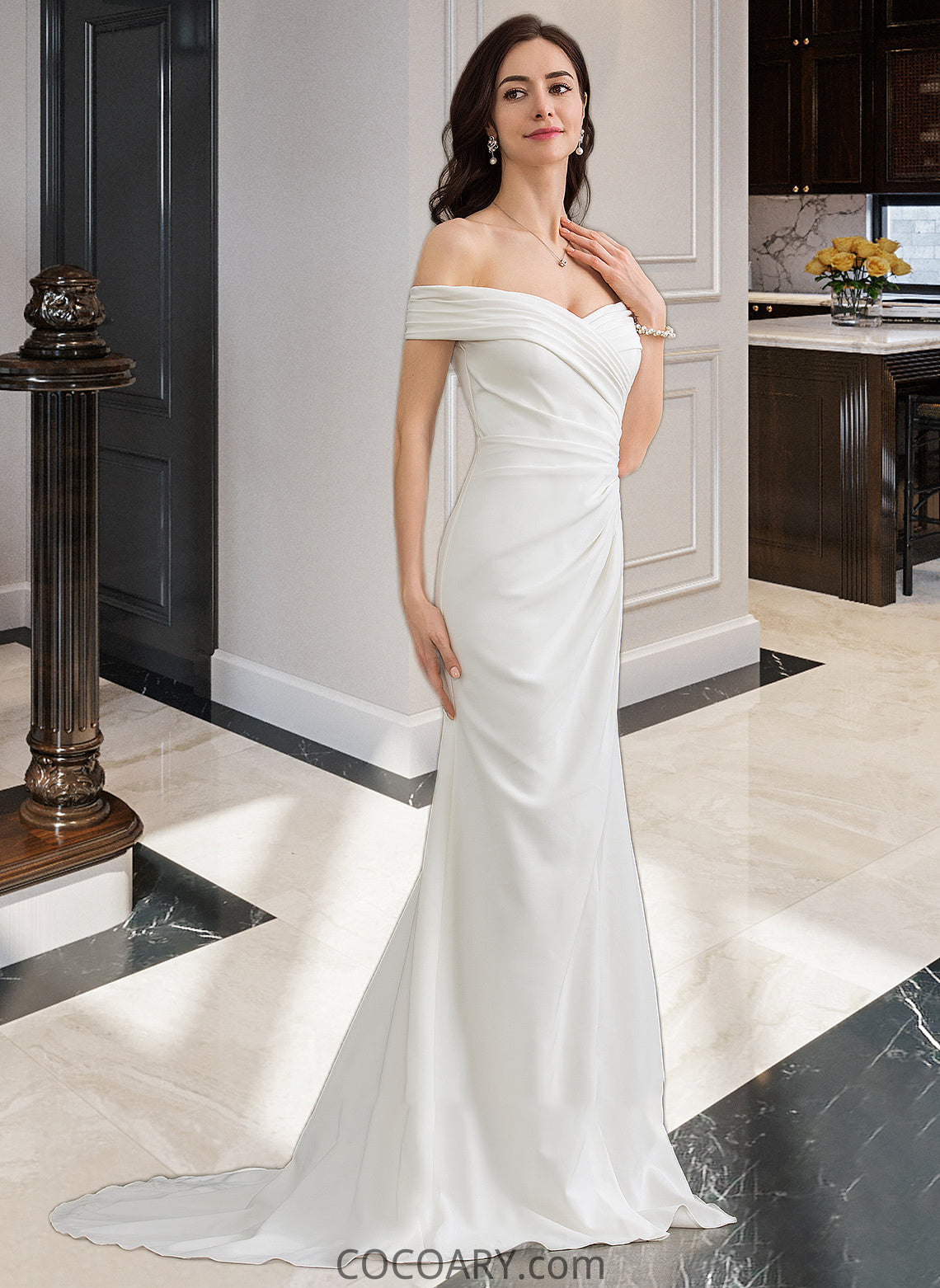 Mckinley Sheath/Column Off-the-Shoulder Sweep Train Stretch Crepe Wedding Dress With Ruffle Split Front DA8P0013707