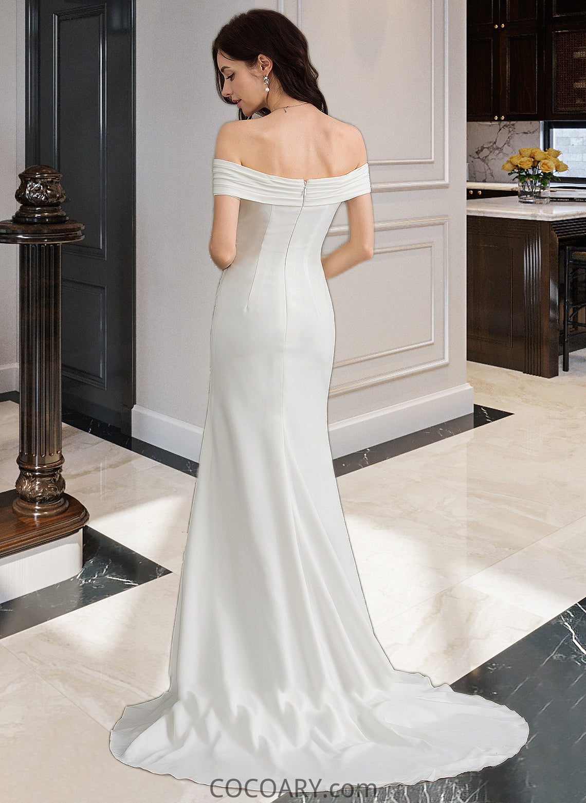 Mckinley Sheath/Column Off-the-Shoulder Sweep Train Stretch Crepe Wedding Dress With Ruffle Split Front DA8P0013707