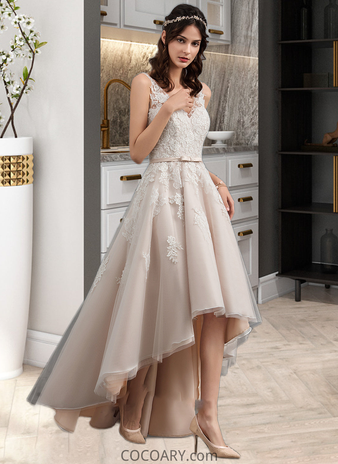 Kaitlynn A-Line V-neck Asymmetrical Tulle Lace Wedding Dress With Bow(s) DA8P0013717