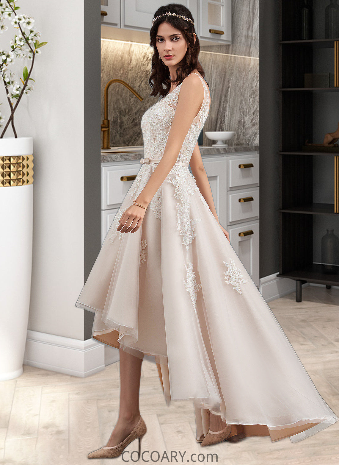 Kaitlynn A-Line V-neck Asymmetrical Tulle Lace Wedding Dress With Bow(s) DA8P0013717