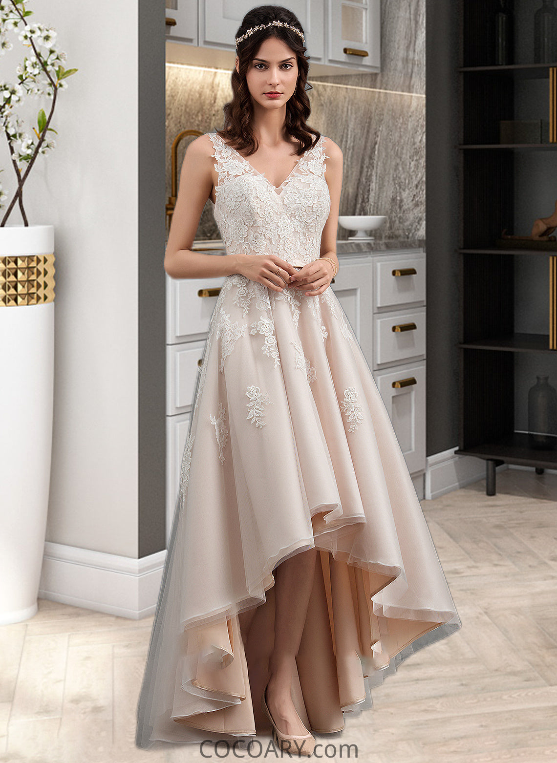 Kaitlynn A-Line V-neck Asymmetrical Tulle Lace Wedding Dress With Bow(s) DA8P0013717