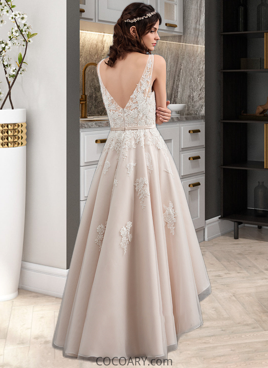 Kaitlynn A-Line V-neck Asymmetrical Tulle Lace Wedding Dress With Bow(s) DA8P0013717