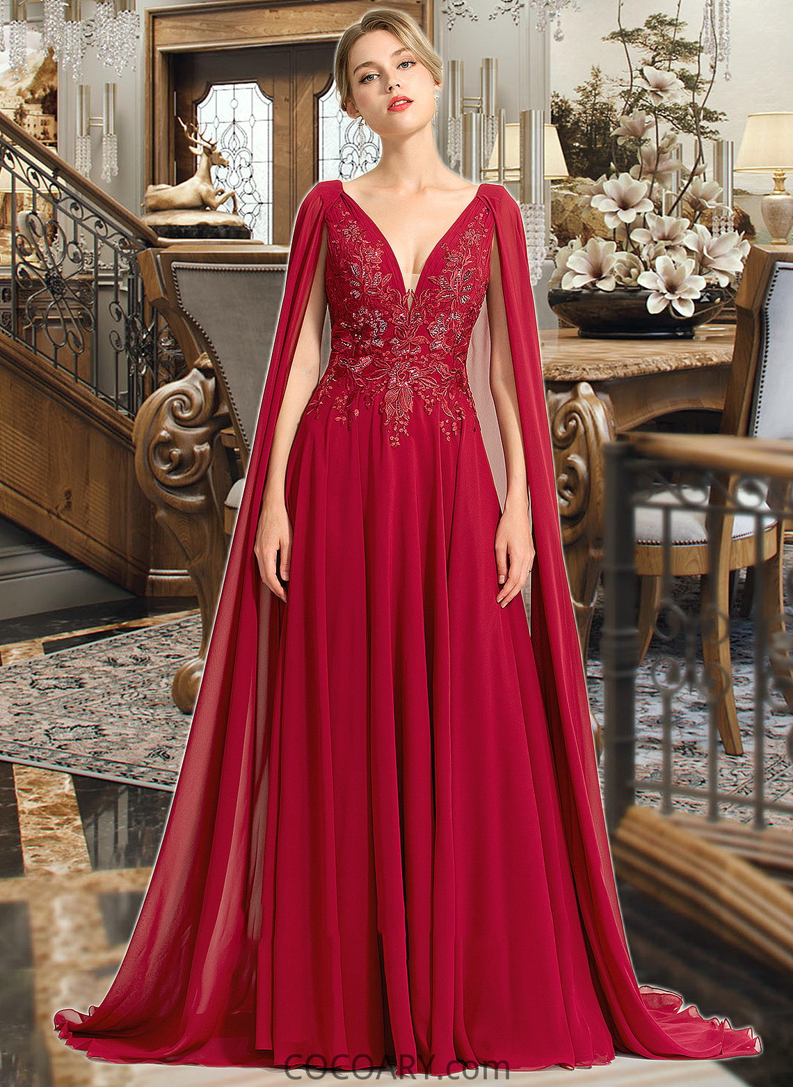 Jaliyah A-Line V-neck Floor-Length Chiffon Wedding Dress With Sequins DA8P0013718