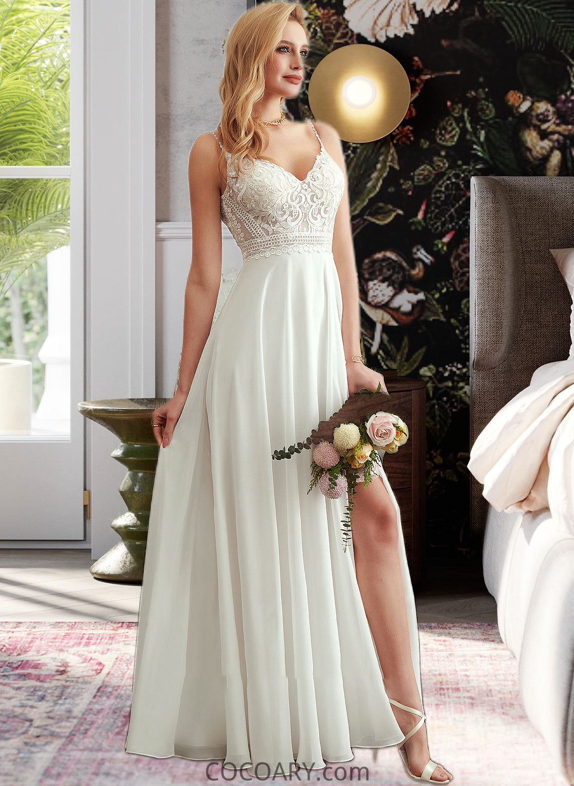 Kira A-Line V-neck Floor-Length Wedding Dress With Split Front DA8P0013721