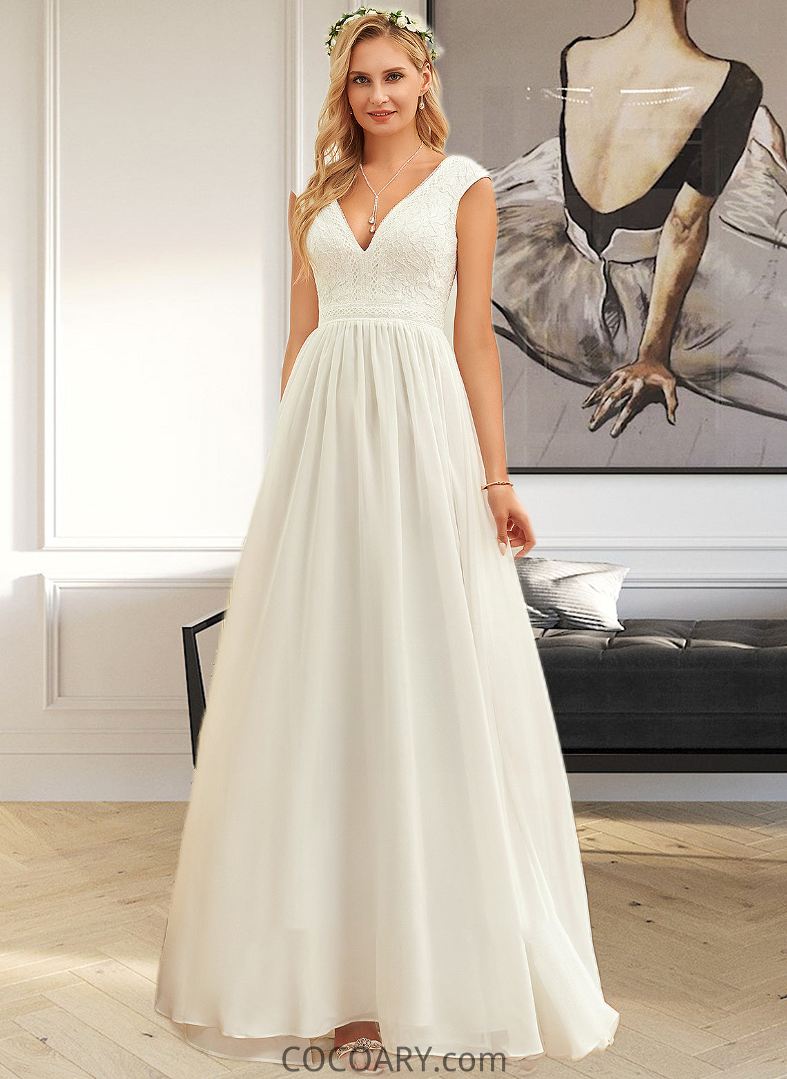 Raegan A-Line V-neck Floor-Length Chiffon Lace Wedding Dress DA8P0013722