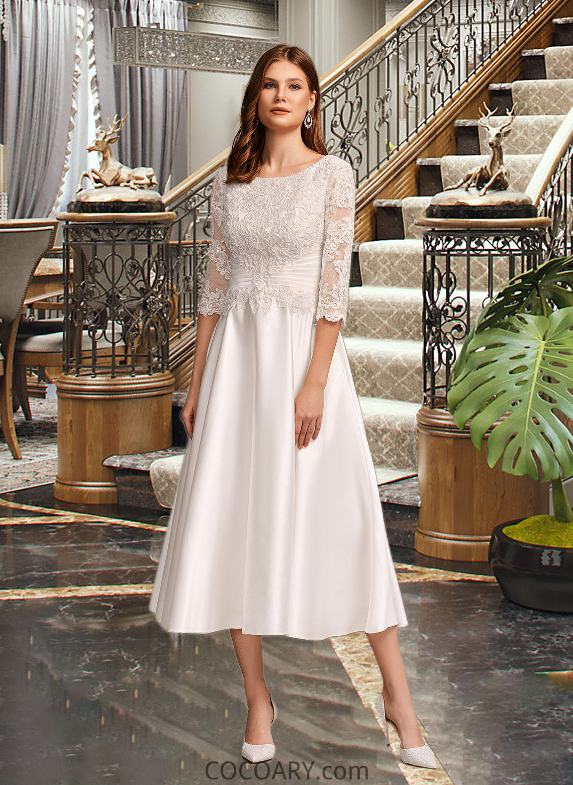 Joanna A-Line Scoop Neck Tea-Length Wedding Dress With Pockets DA8P0013723