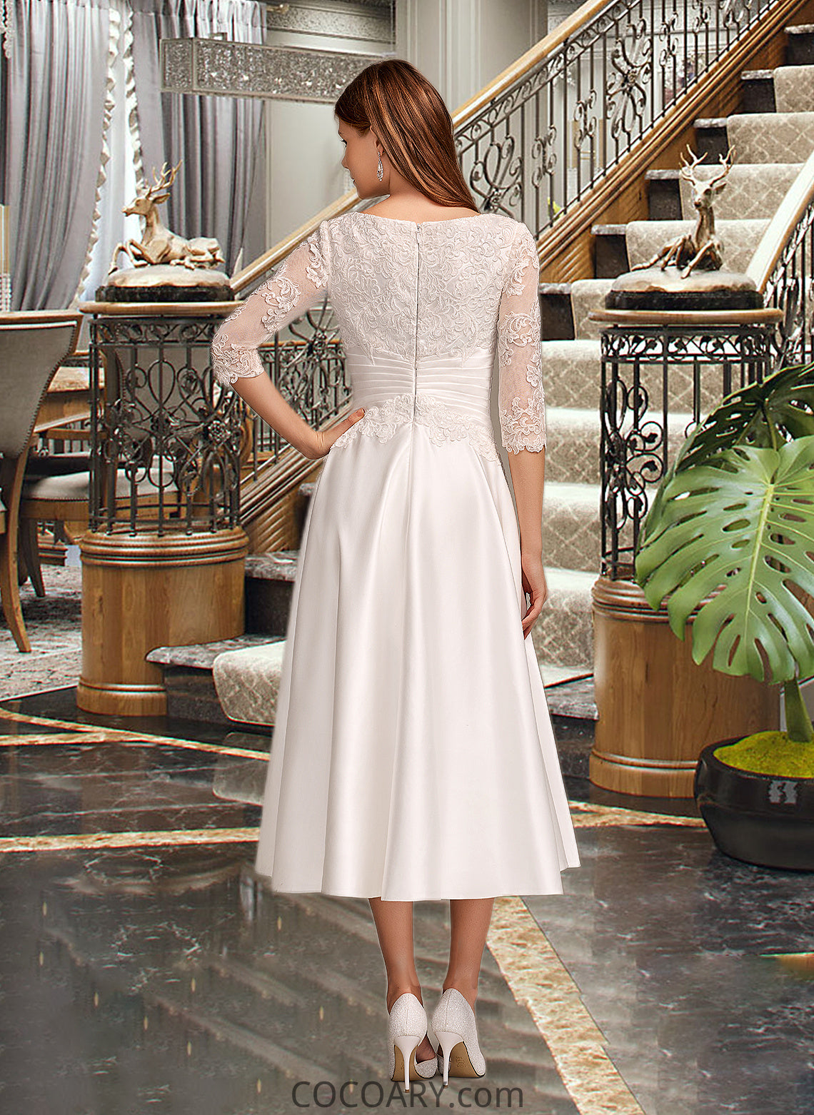 Joanna A-Line Scoop Neck Tea-Length Wedding Dress With Pockets DA8P0013723