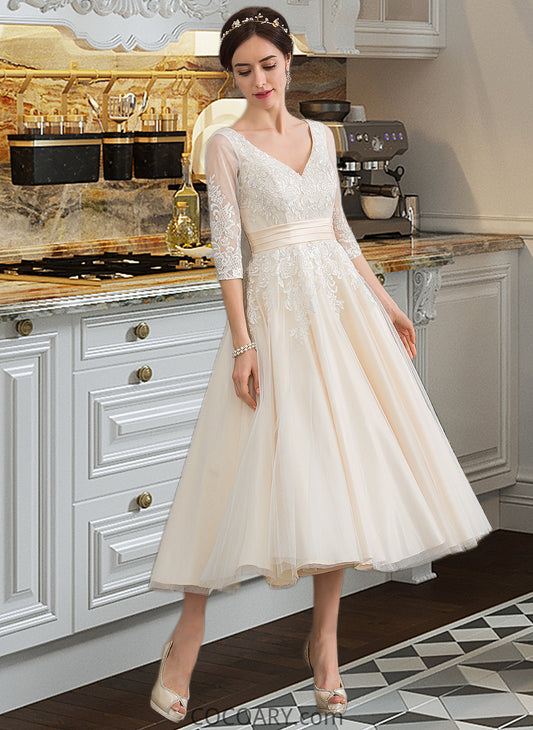 Suzanne Ball-Gown/Princess V-neck Tea-Length Tulle Wedding Dress DA8P0013731