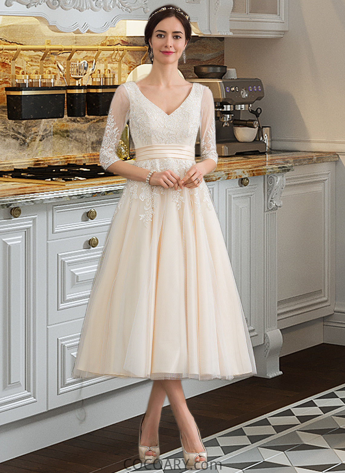 Suzanne Ball-Gown/Princess V-neck Tea-Length Tulle Wedding Dress DA8P0013731