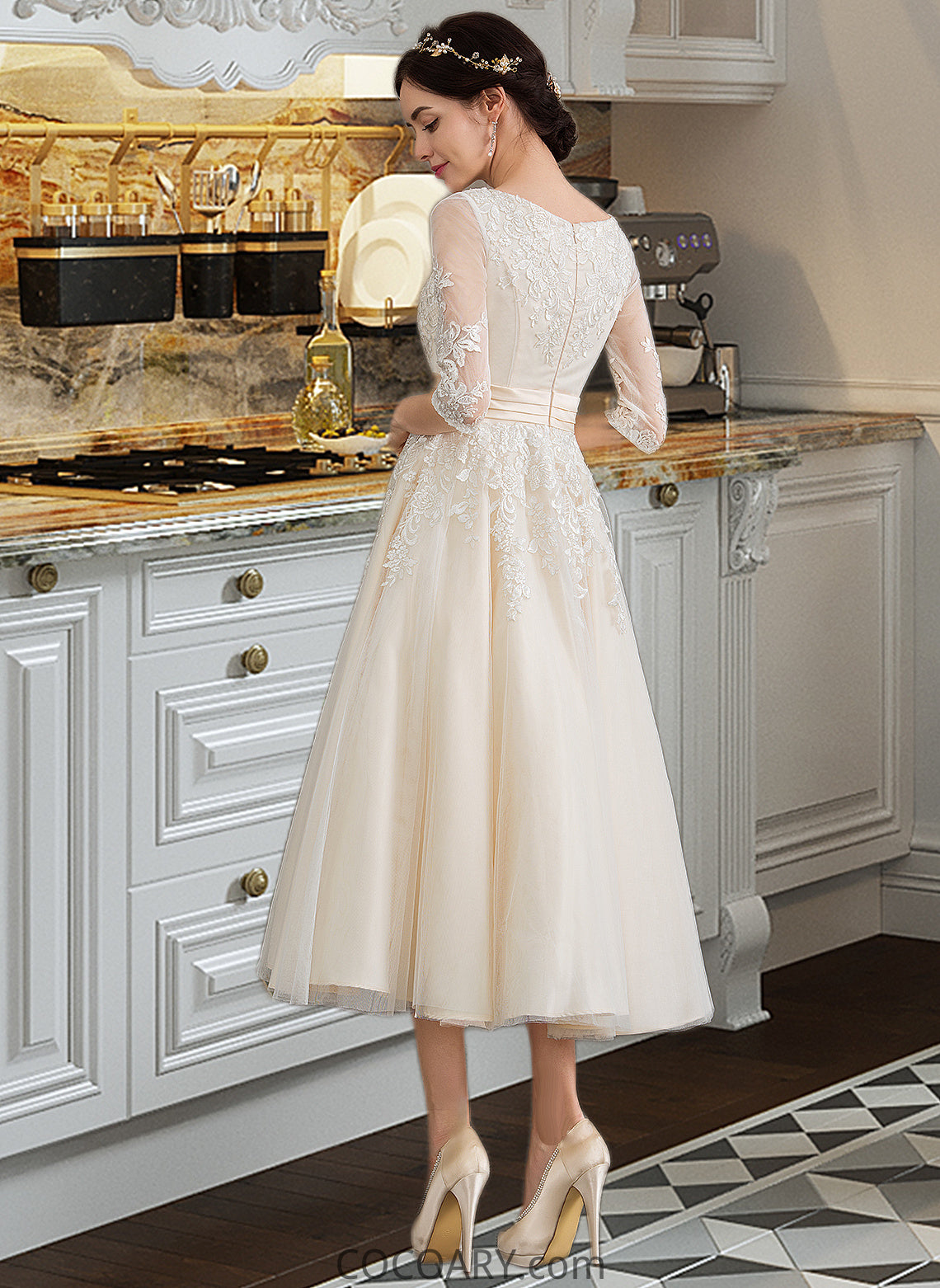 Suzanne Ball-Gown/Princess V-neck Tea-Length Tulle Wedding Dress DA8P0013731