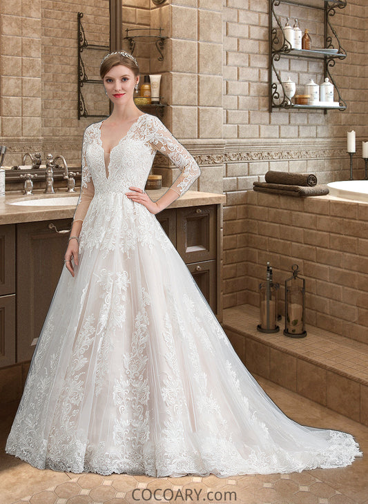 Mikaela Ball-Gown/Princess V-neck Chapel Train Tulle Wedding Dress DA8P0013735