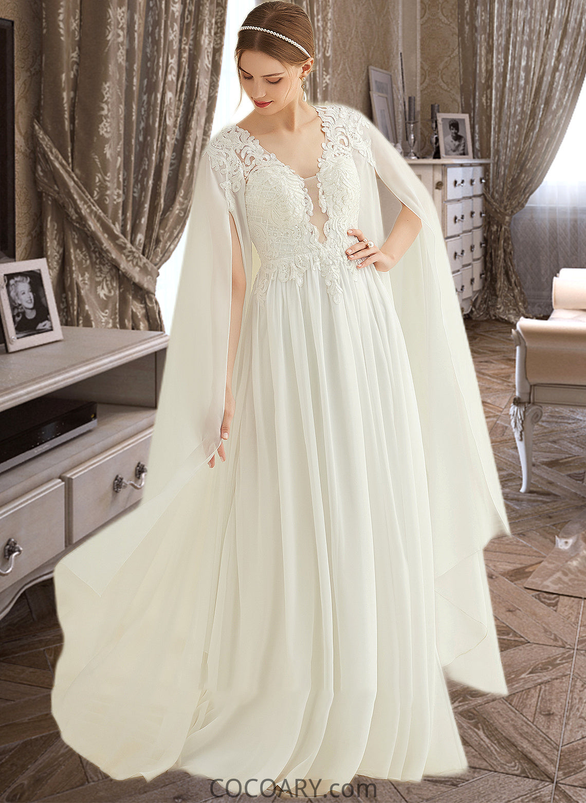 Kaiya A-Line V-neck Floor-Length Chiffon Lace Wedding Dress With Sequins DA8P0013736