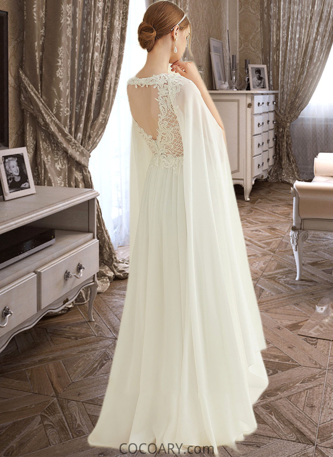 Kaiya A-Line V-neck Floor-Length Chiffon Lace Wedding Dress With Sequins DA8P0013736