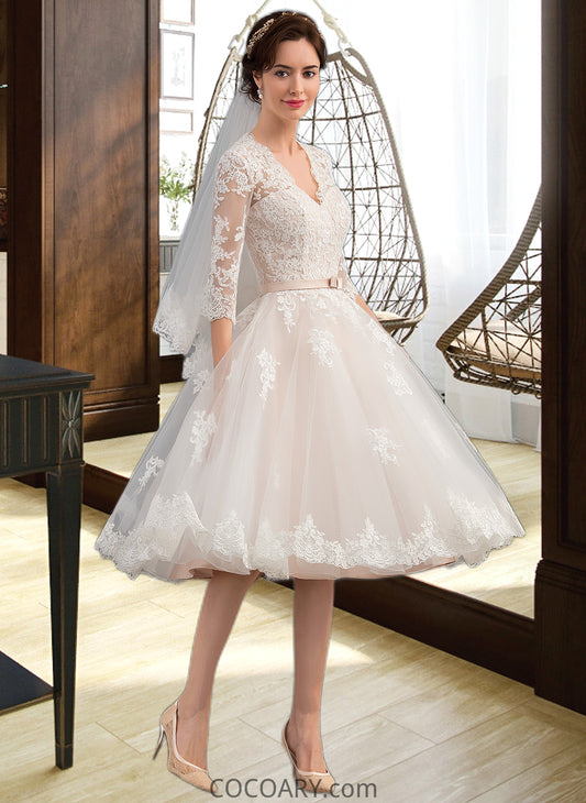 Nell A-Line V-neck Knee-Length Tulle Wedding Dress With Bow(s) DA8P0013737