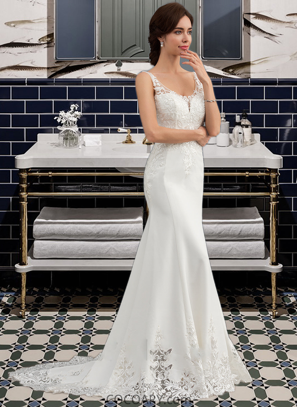 Jolie Trumpet/Mermaid V-neck Court Train Lace Stretch Crepe Wedding Dress With Sequins DA8P0013738