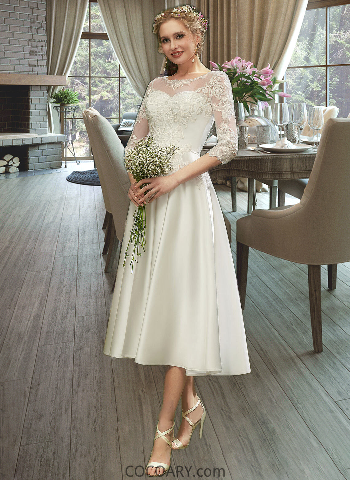 Leticia A-Line Illusion Tea-Length Wedding Dress With Lace DA8P0013741