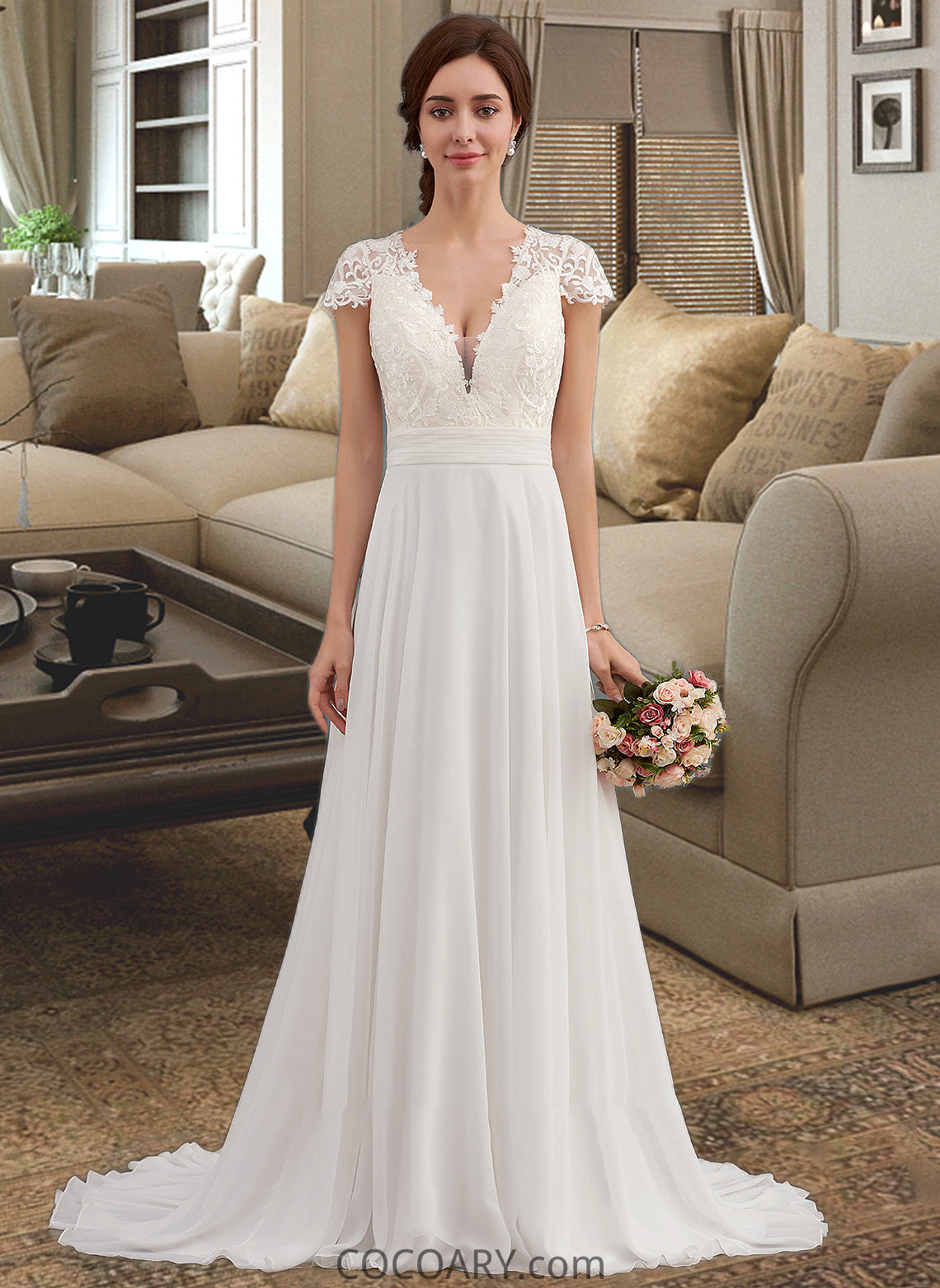 Paulina A-Line V-neck Sweep Train Chiffon Wedding Dress With Ruffle DA8P0013761