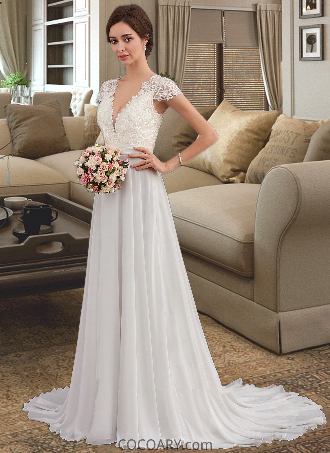 Paulina A-Line V-neck Sweep Train Chiffon Wedding Dress With Ruffle DA8P0013761