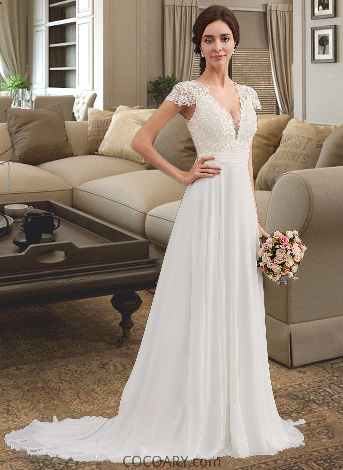 Paulina A-Line V-neck Sweep Train Chiffon Wedding Dress With Ruffle DA8P0013761