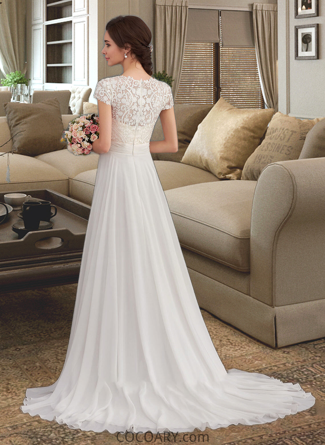 Paulina A-Line V-neck Sweep Train Chiffon Wedding Dress With Ruffle DA8P0013761