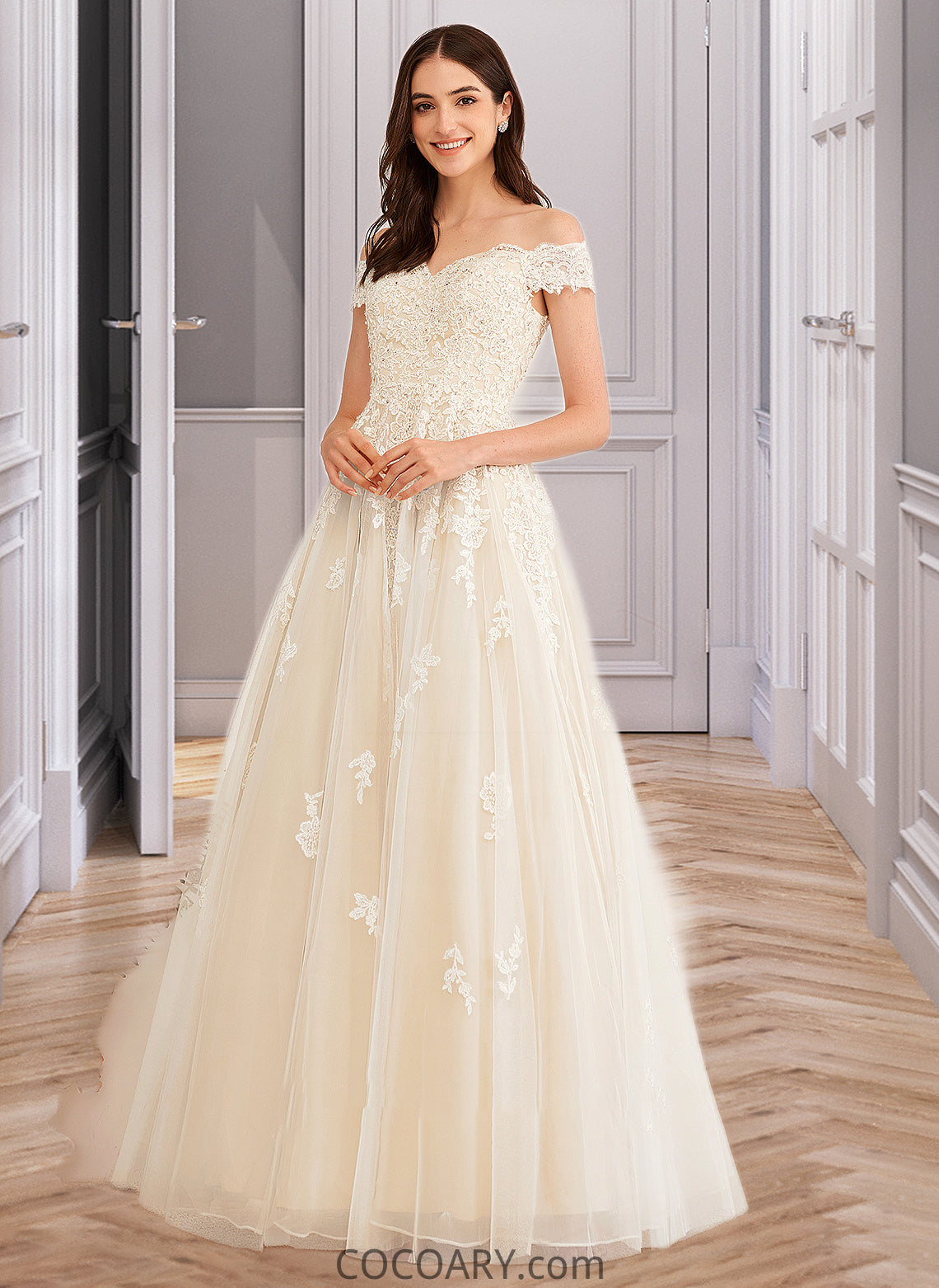 Juliette Ball-Gown/Princess Off-the-Shoulder Floor-Length Wedding Dress With Beading Sequins DA8P0013765