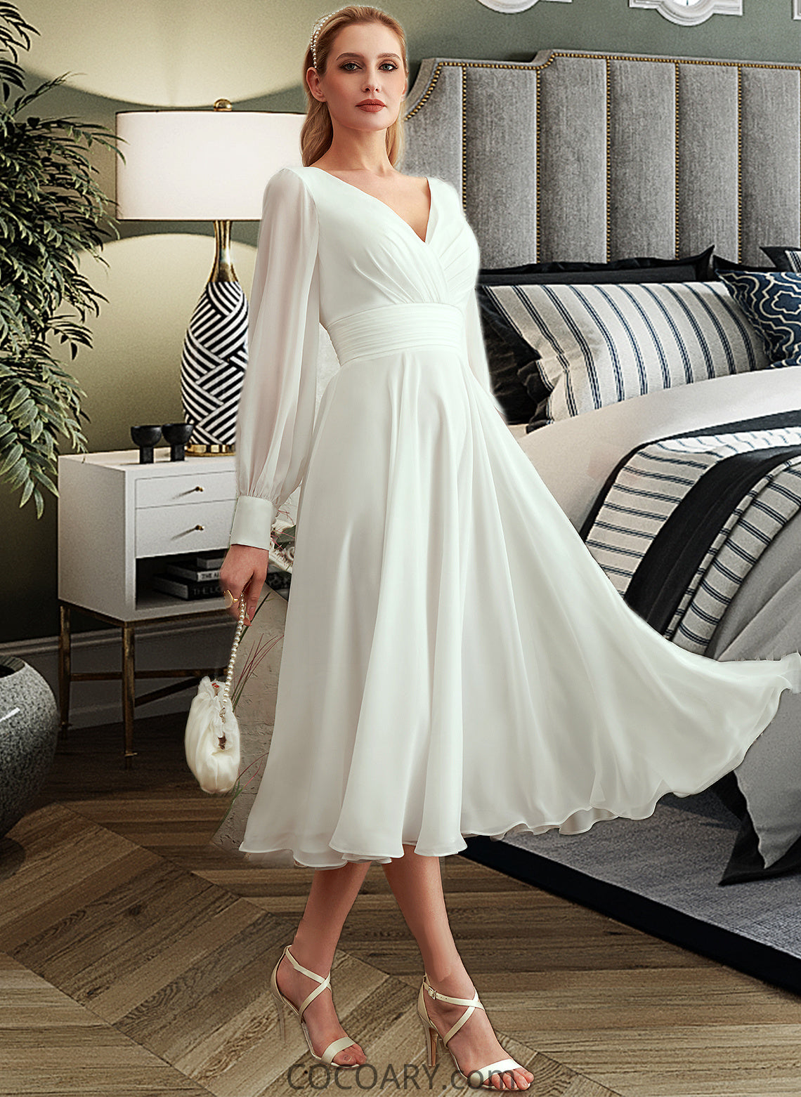 Malia A-Line V-neck Tea-Length Wedding Dress DA8P0013772