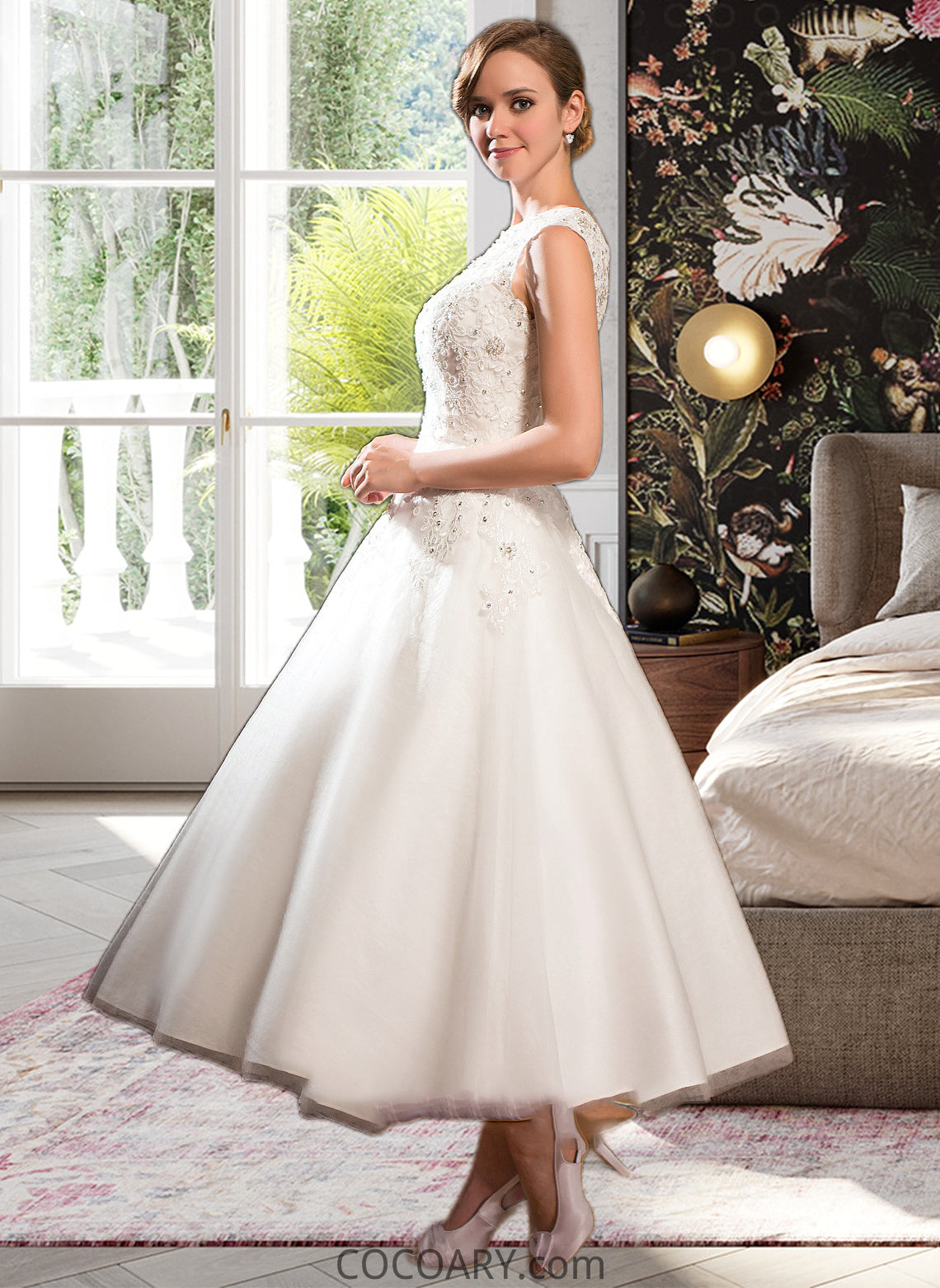 Chloe Ball-Gown/Princess Scoop Neck Tea-Length Tulle Lace Wedding Dress With Beading Sequins DA8P0013773