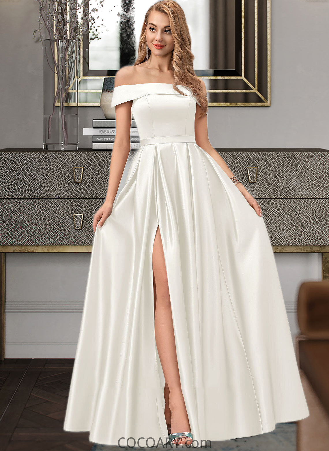 Elsa Ball-Gown/Princess Off-the-Shoulder Floor-Length Satin Wedding Dress With Split Front Pockets DA8P0013774