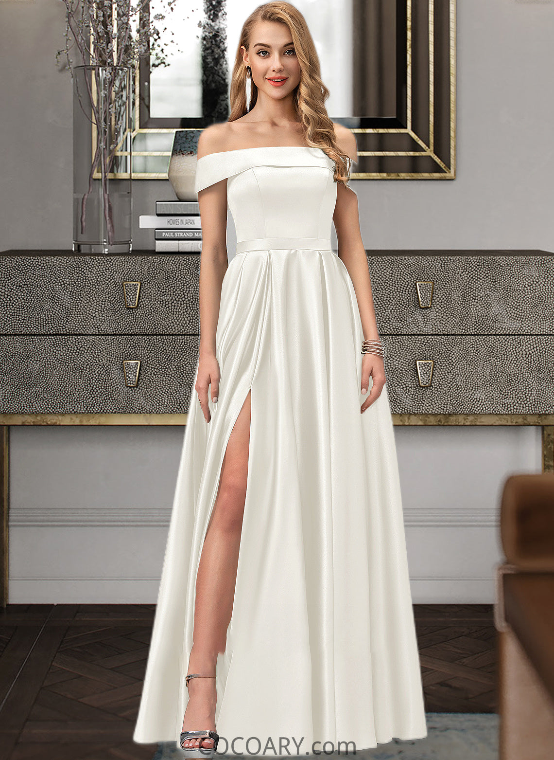 Elsa Ball-Gown/Princess Off-the-Shoulder Floor-Length Satin Wedding Dress With Split Front Pockets DA8P0013774