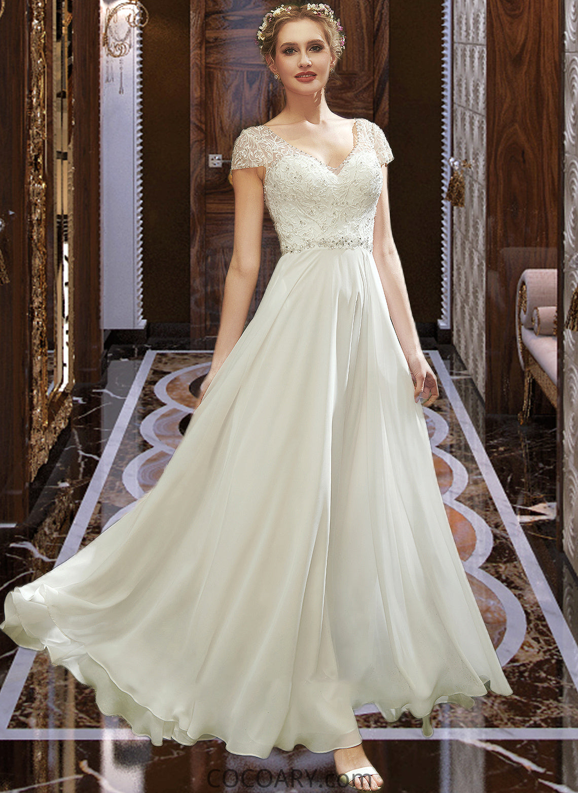 Paisley A-Line V-neck Floor-Length Wedding Dress With Lace Beading Sequins DA8P0013784