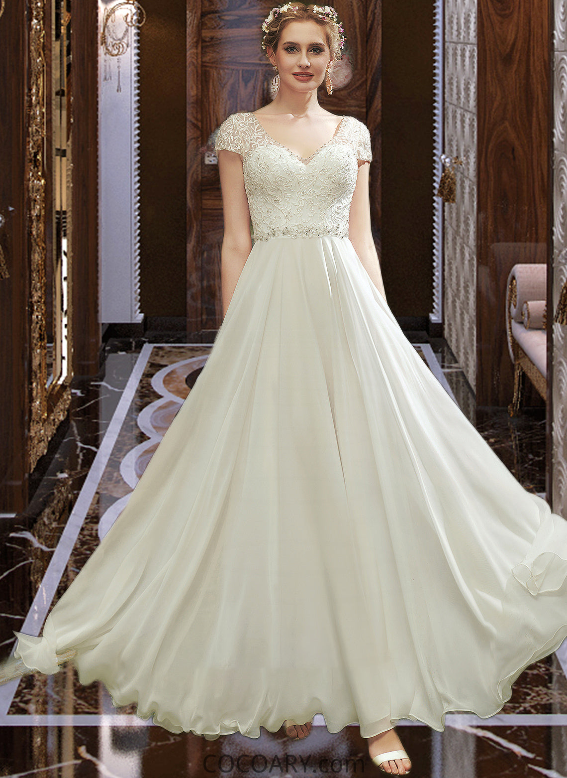 Paisley A-Line V-neck Floor-Length Wedding Dress With Lace Beading Sequins DA8P0013784