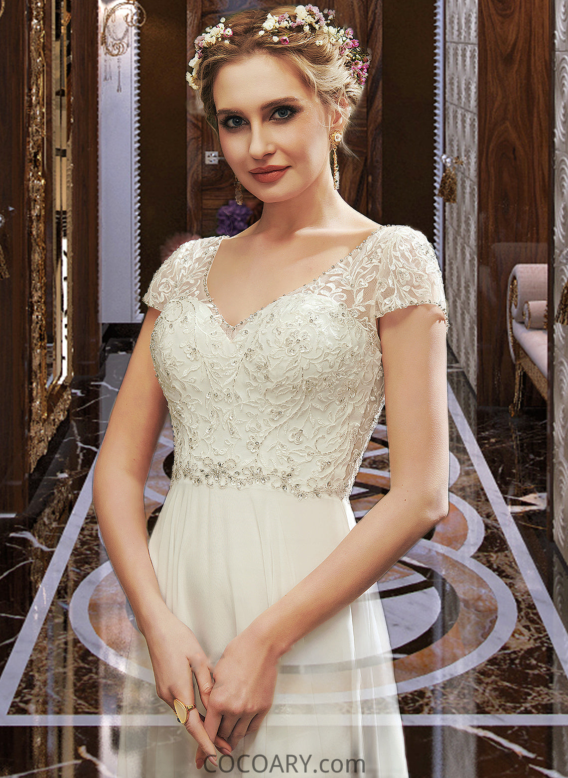 Paisley A-Line V-neck Floor-Length Wedding Dress With Lace Beading Sequins DA8P0013784