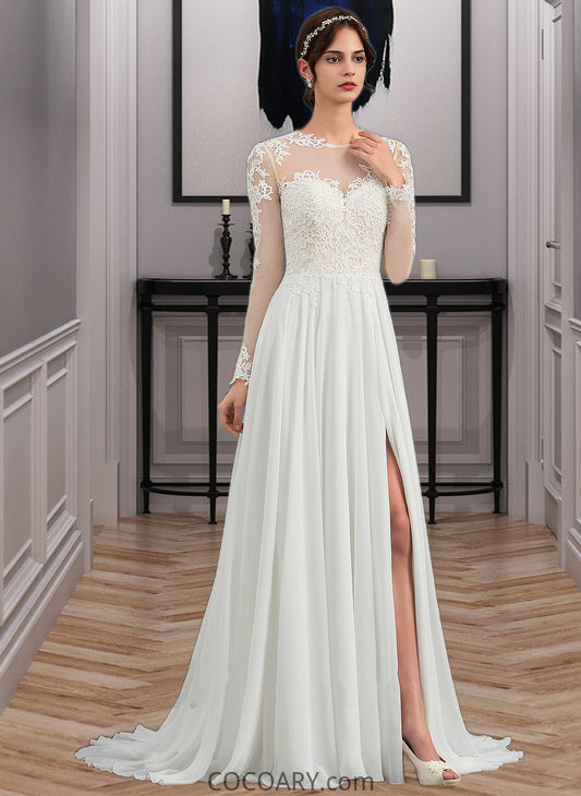 Gina A-Line Illusion Sweep Train Chiffon Wedding Dress With Appliques Lace Split Front DA8P0013793